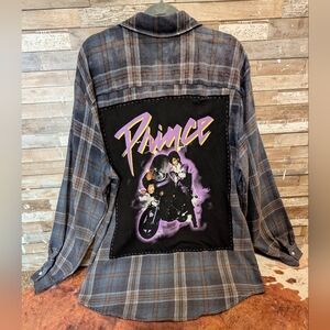 Prince Graphic Upcycled Dip Dyed Bleach Flannel Shirt